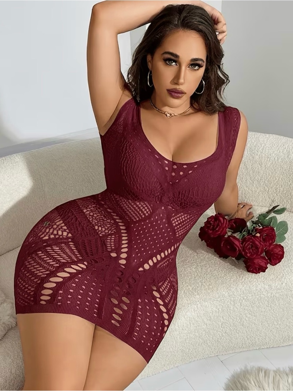 Curve-Hugging Burgundy Crochet Mini Dress
